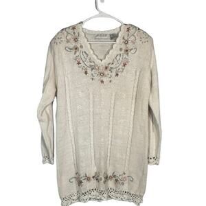 Carolyn Taylor Women’s White Cottagecore Floral Embroidered Knit Sweater VTG Lg